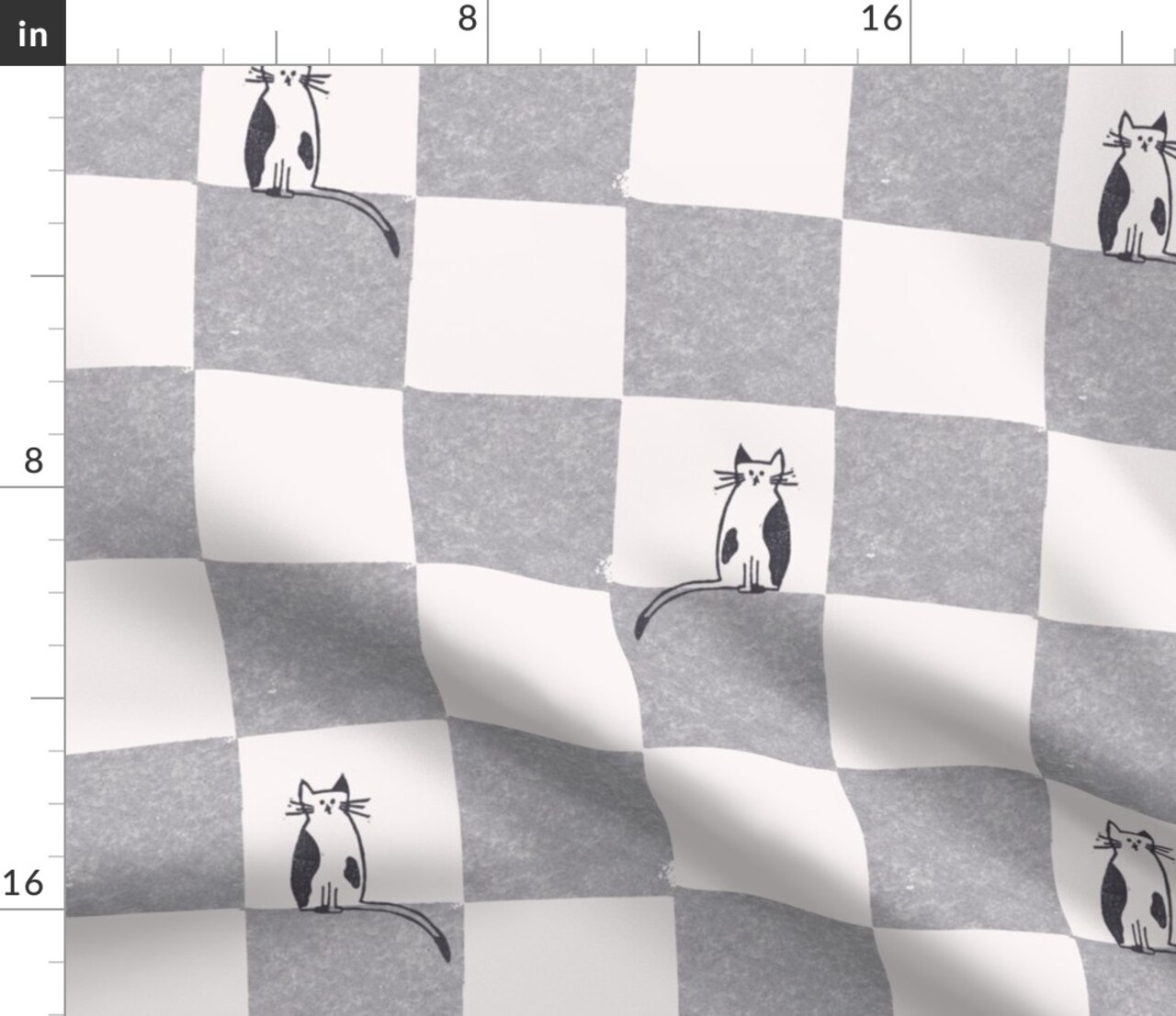 Checkered Cat Whimsical Kitty Weathered Gray Eggshell Fun Cute Happy Cheerful Modern Neutral Custom Printed Fabric by Spoonflower Various Fabrics by the Yard or Fat Quarter 17645640